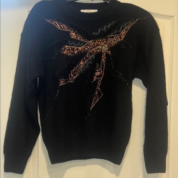 Black Sweater with Embellished Bow Design - Picture 1 of 6